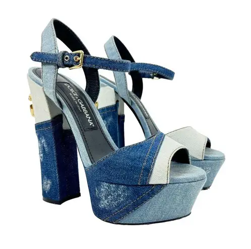 Dolce & Gabbana Dolce & Gabban Patchwork Denim Sandals Adjustable Strap Blue Size 37.5