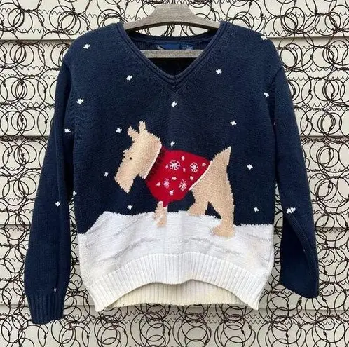 Vintage 90s Winter Christmas dog Terrier in sweater Ugly Sweater