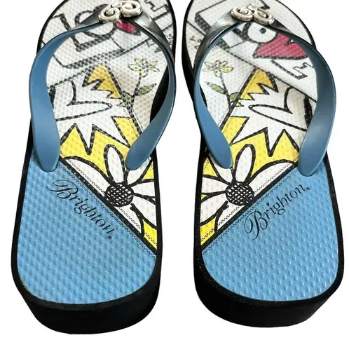 Brighton  Love Platform Sandals Flip Flops 9 Black Blue Abstract Silver Heart