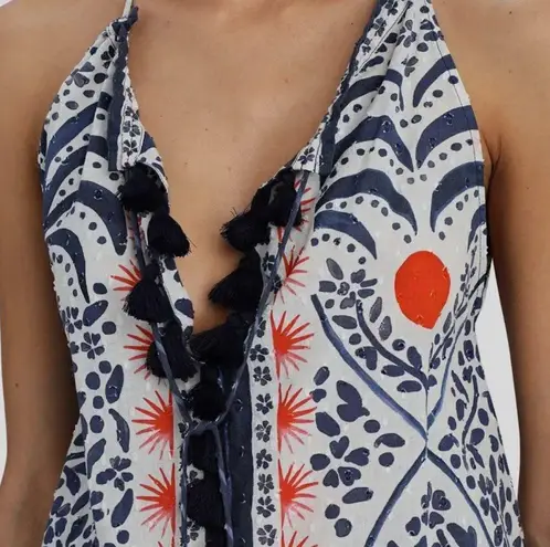 Farm Rio Tank Top Afternoon Breeze Beaded Tassel Tie Cotton Blouse Sz L NWT