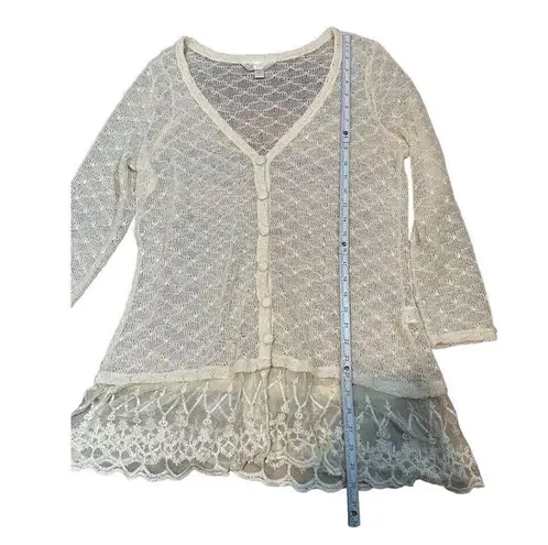 Krazy Kat Ivory Cream Open Knit Long Sleeve Button Front Lace hem Top