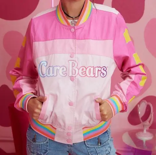 Hot Topic CARE BEARS Rainbow Varsity Bomber Racing Jacket Girls Juniors Size Medium NEW