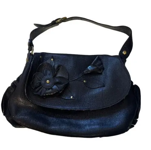 Moschino Black Leather shoulder bag with 3D Flower and ruffle accents