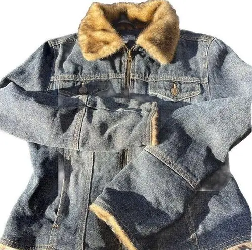 Giacca Women’s Denim Vintage Y2K Jacket Faux Fur Trim Penny Lane Hippy Boho Sz S Blue