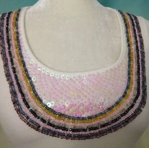 Lozi Sports Jeans Beaded Sequin T Shirt XS White Short Sleeve Stretch Knit Japan