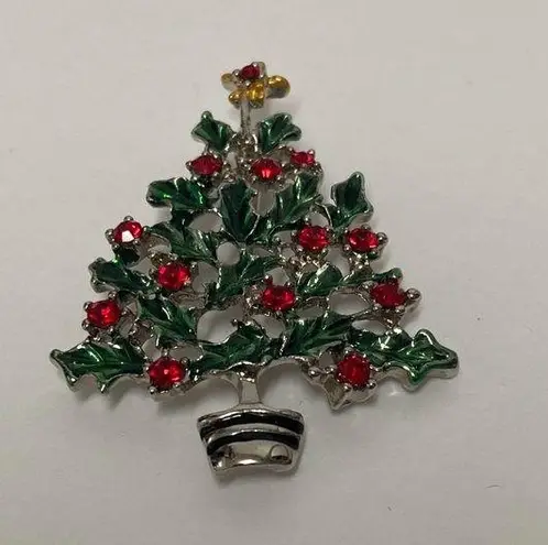 Christmas Tree Pin Brooch Silver Color Metal Red Green Crystal Rhinestones