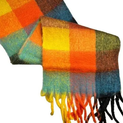 Hat Attack Bright Multicolor Plaid Studio Lofty Blanket Scarf New Orange