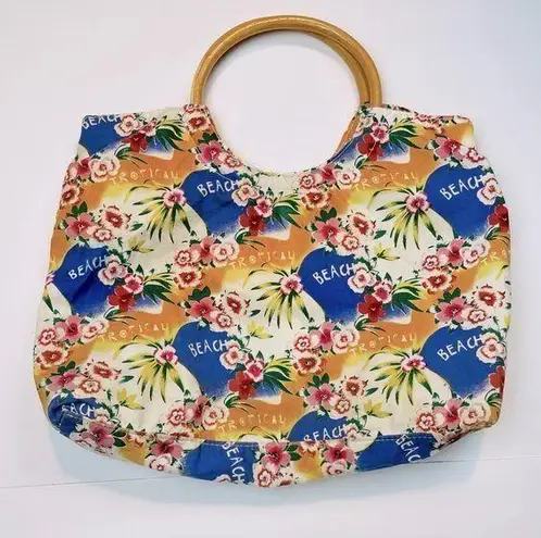 Tropical Beach Floral With Wood Handle Handbag Multiple
