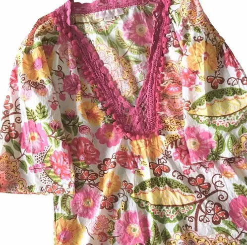 Monique Leshman š Floral Print Pom Pom Tunic Top š Fuchsia Pink Spring Yellow