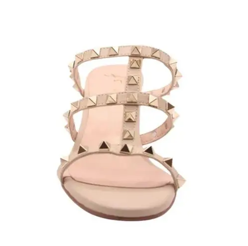 French Sole Foster Gold Triangle Stud Sandals Beige Leather 7.5 Block Heel