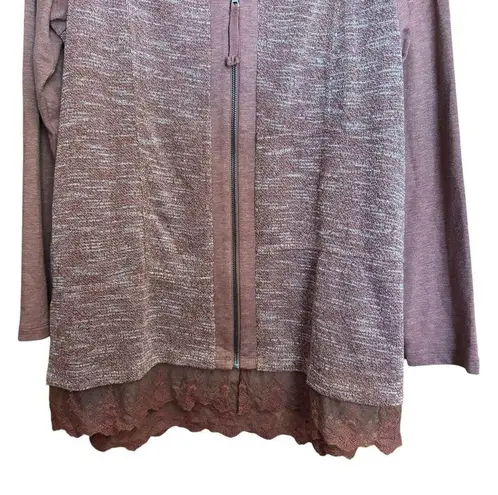 LOGO Lounge Cardigan Womens Medium Multicolor Lace Hem Stretch Zippered Sweater