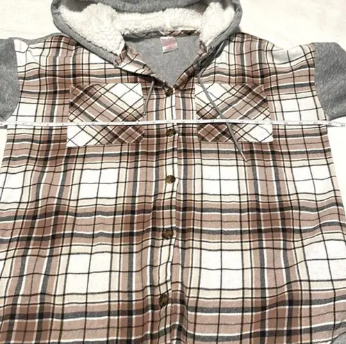 No Boundaries - Grey & Brown Plaid Button Down Sherpa Lined Hoodie Size L (11-13)