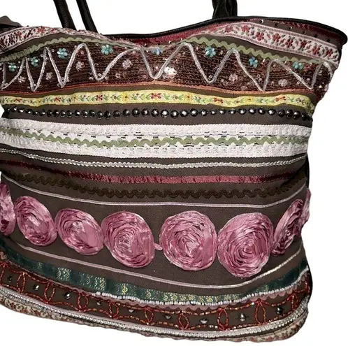 Antik Kraft  Brown Floral Embroidered Sequins Beaded Tapestry Oversized Tote Bag