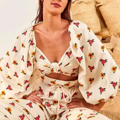 Farm Rio Mixed Cross Stitch Flowers Embroidered Long Balloon Sleeves Crop Top XL