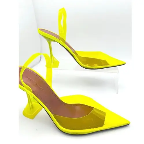 Amina Muaddi NEON YELLOW PVC HOLLI SLING PARTY HEELS size 37
