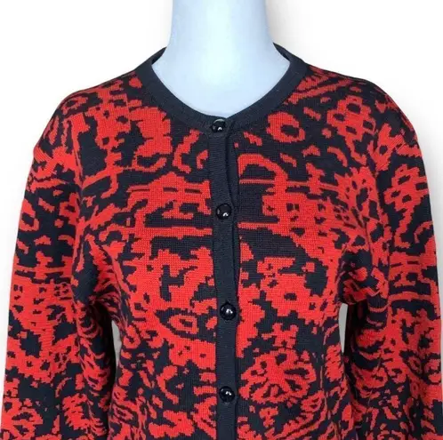 Vintage Jaeger London Cardigan Sweater Bright Red Abstract Pattern Crewneck Black