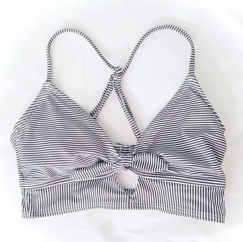 BLUE + WHITE STRIPE RETRO TIE FRONT CUTOUT BIKINI TOP SWIMSUIT — MEDIUM