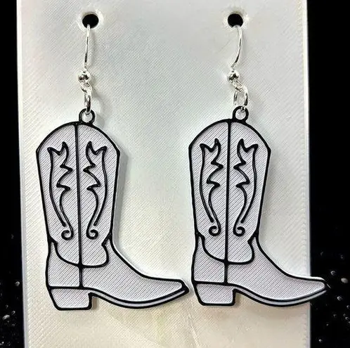 White and Black Cowboy Boot Earrings Silver