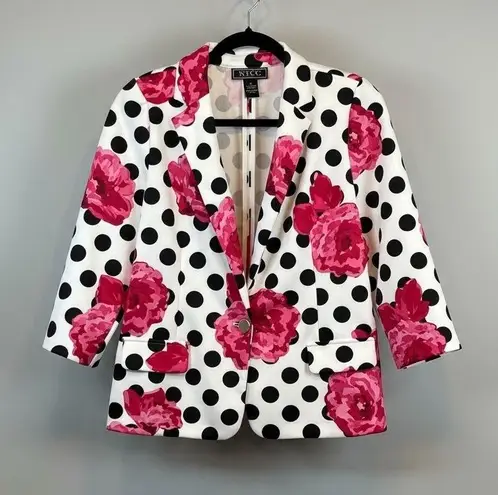 NYCC Floral Blazer Polka Dot 3/4 Sleeve White Pink Black Career Jacket Size M # Size M
