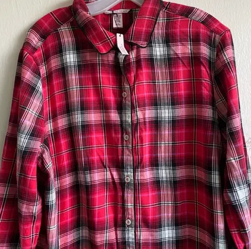 Victoria's Secret Red & Black Plaid Flannel Long Sleeve Pajama Nightshirt