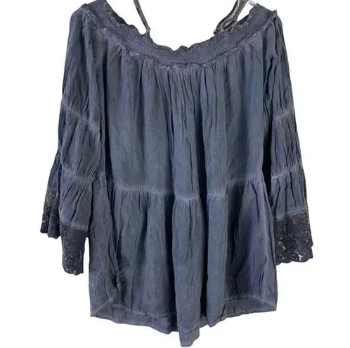 Andree Blue boho style cold shoulder lace sleeve relaxed fit blouse Size Large - Image 1
