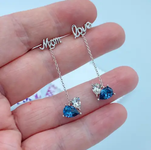 Sterling Silver I Love You Mom Simulated Sapphire Drop Earrings