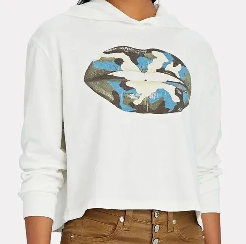 Intermix Shonna Drew Hoodie Camo Lips Cropped Sweatshirt , White/Blue, Small