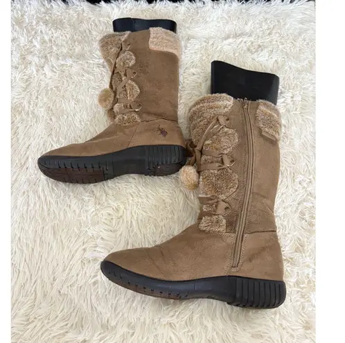 US Polo Assn Womens Boots 10 Brown Faux Suede Fur Trim PomPom Accents