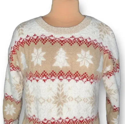 Holiday Time  Sweater Neutral Knit Pullover Cream Tan Snowflake Tree Fair Isle