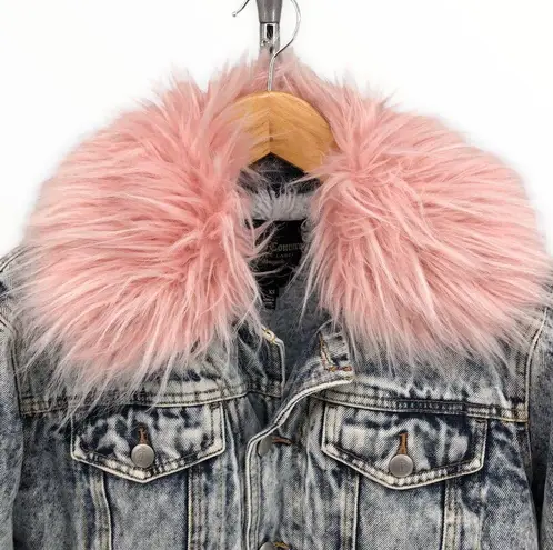 Juicy Couture  Black Label Pink Fur Collar Acid Wash Denim Sherpa Lined Jacket