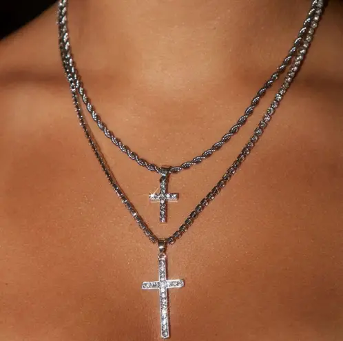 Silver Rhinestone Double Chain Layered Necklace Set