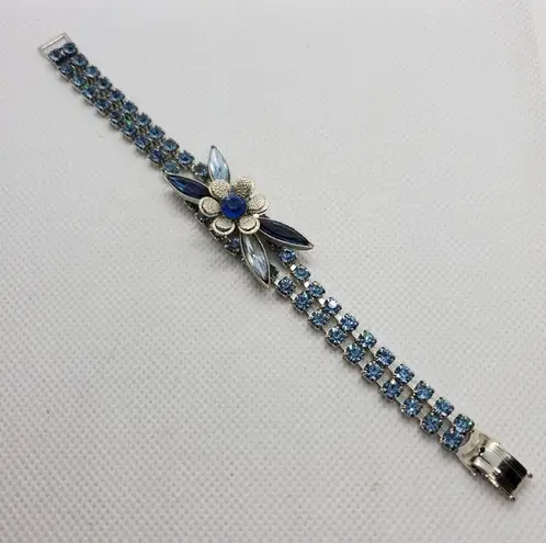 Vintage Blue  & Silver Rhinestone Flower Bracelet