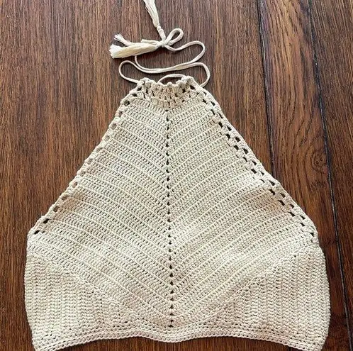 Free People  Intimately Tan Crochet knit Halter Cropped Top Medium NWT Cotton