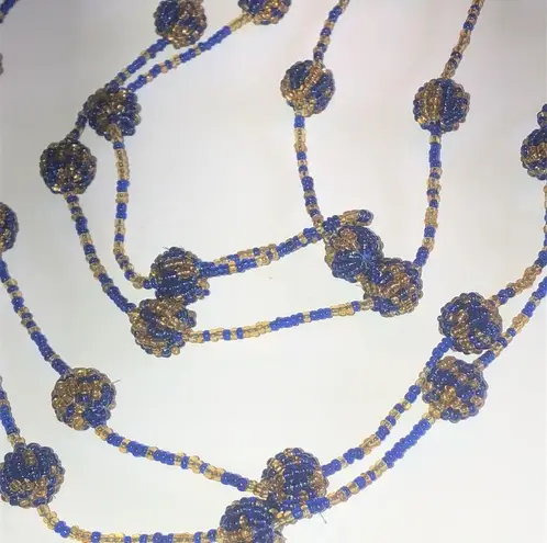 Vintage Blue  & Gold/Yellow Color Seed Bead Beaded Balls Boho Necklace