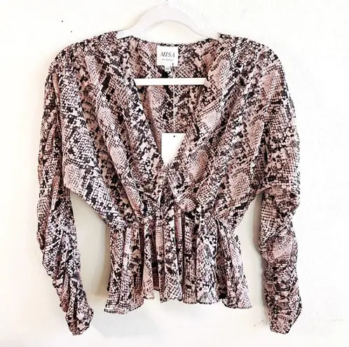 MISA Los Angeles Top Kesara Blouse in Snake Pink & Black Peplum Sz XS NWT