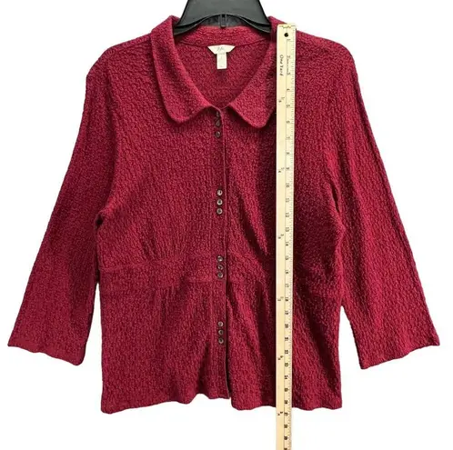 J.Jill  Womens Stretch Knit Textured Top L Red Button Up Long Sleeve Collared