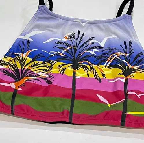 NEW Salinas L Runway High Neck Bikini Set MultiColor Palm Birds Swim Top Bottom Pink Size L