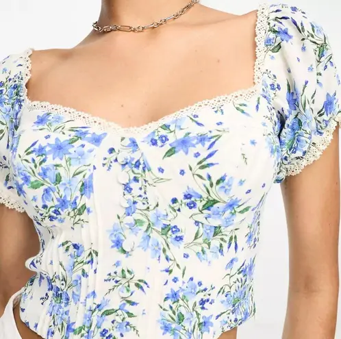 Mango  | Puff Sleeve Corset Detail Crop Top in Floral | Size: 4