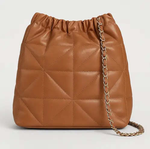 A New Day  Quilted Drawstring Shoulder Bag with Gold Chain – Caramel Brown - Image 1