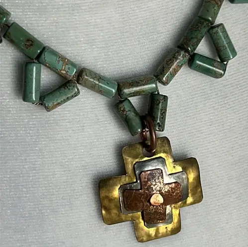 Artisan Handcrafted Turquoise Tube Bead Mixed Metal Cross Centerpiece Necklace Blue