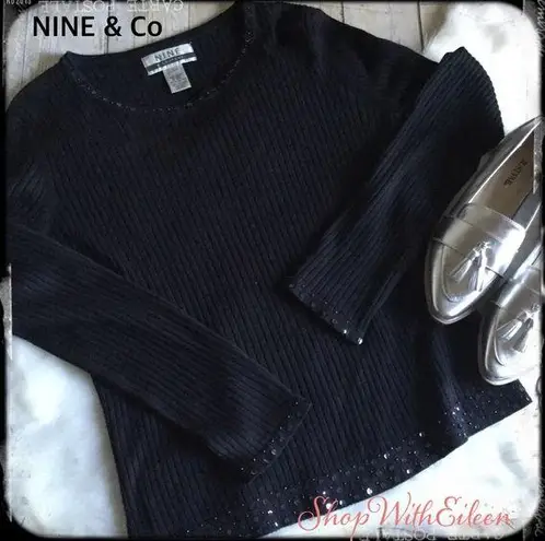 Nine & Co. Black Ribbed Sequin Detail Christmas Holiday Sweater