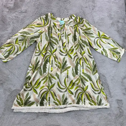 True Destiny NWT True Destinations Women's M Palm Print 3/4 Sleeve Tassel Fringe Tunic Dress