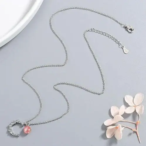 Sterling Silver 925  crescent strawberry crystal necklace women's high-end light luxury 2023 new style peach blossom clavicle chain ins lettering