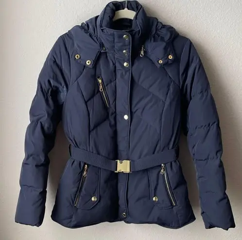 Cole Haan  Navy Down Coat Belted Hood