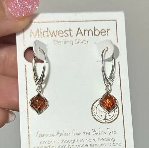 Midwest Baltic Amber dainty Sterling Silver Drop Lever Back Earrings