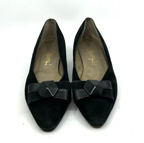 YSL  Yves Saint Laurent Black Suede Bowtie Kitten Heel Pumps Women's 6.5 US