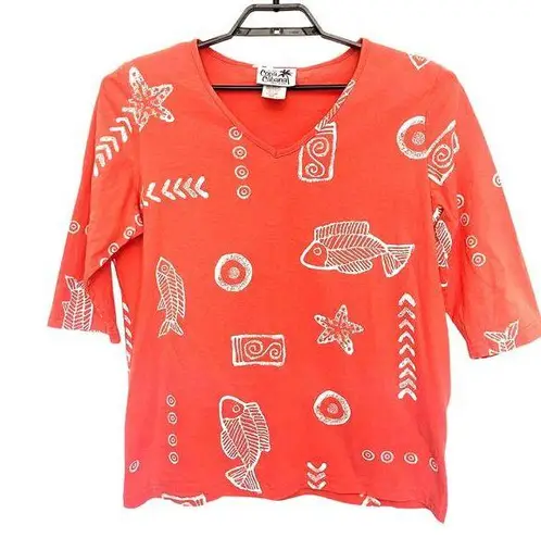 COPA CABANA 3/4 Sleeve Fish Print Womens Top Size Large Coral Orange Beachy USA