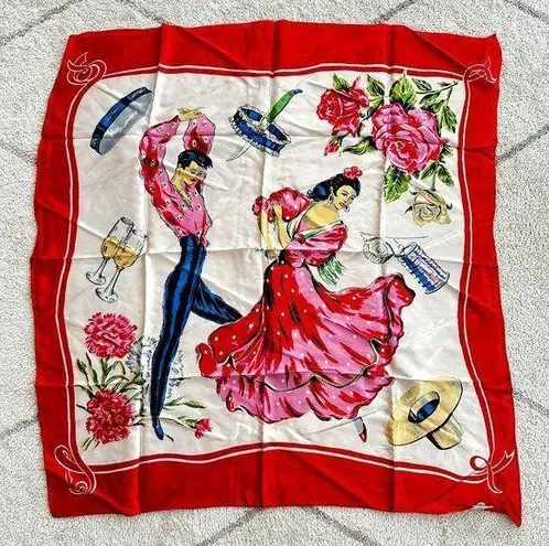 Vintage 70s Spanish Dancers Man & Woman Roses Silk Scarf from Bilbao Spain Pink