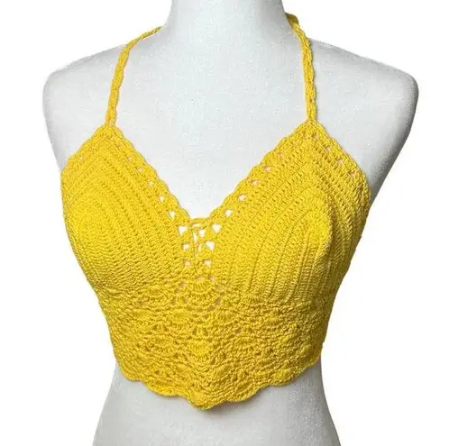 Handmade Yellow Crochet Halter Bralette Crop Top - one size