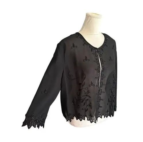 Karen Millen Karen Miller Sheer Beaded Jacket Shrug With Floral Design Scalloped Edges Sz 20
